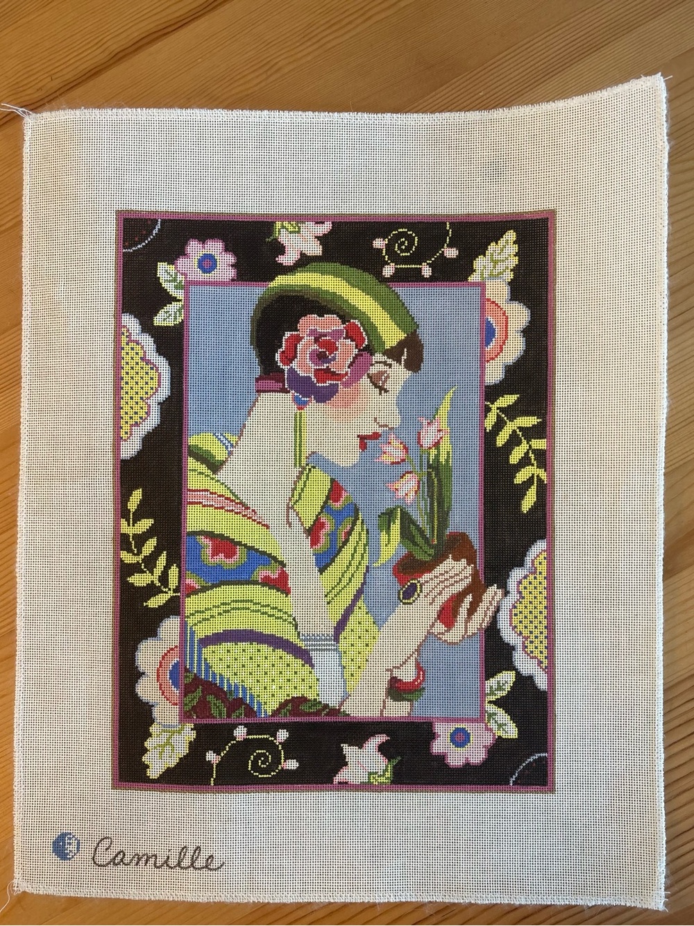 Camille Hand Painted Needlepoint Canvas Geisha Lady Portrait